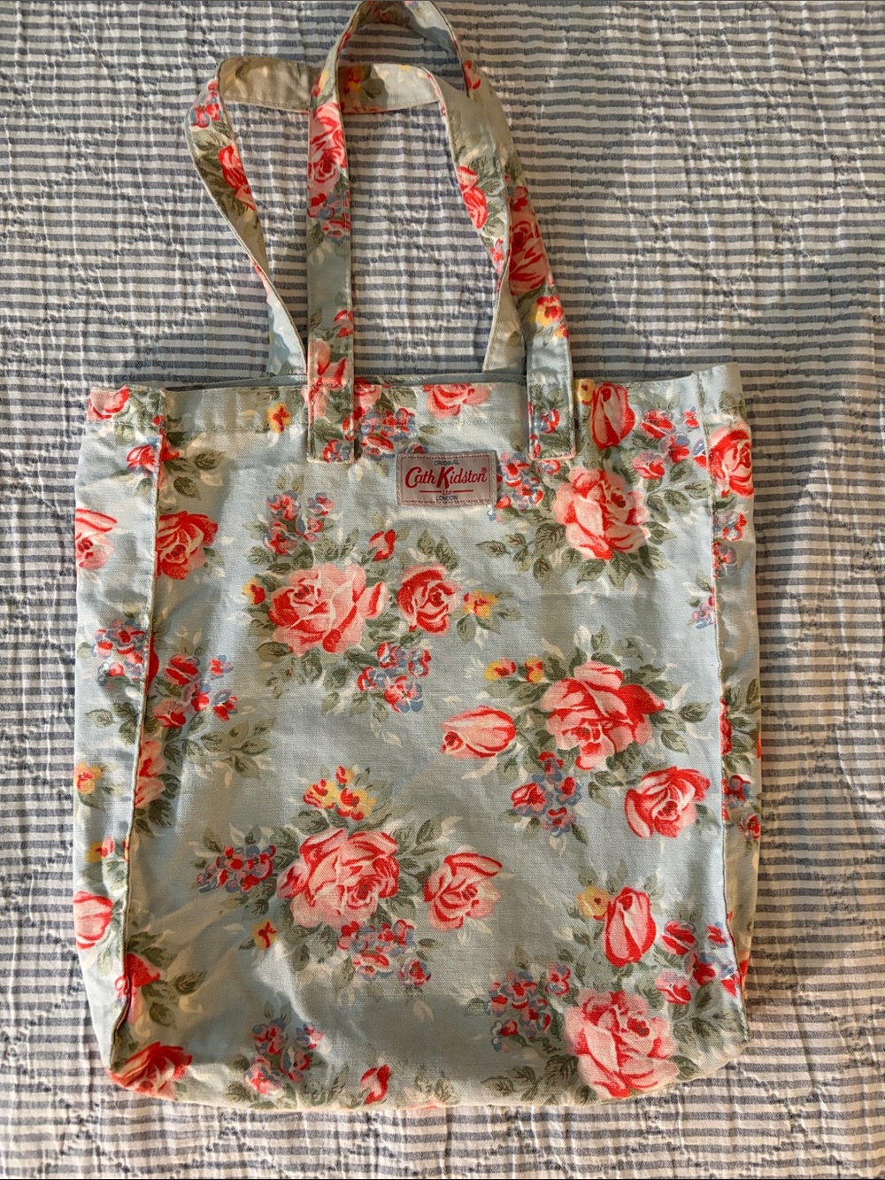 Cath Kidston Pale Blue Floral Tote with Pink Rose Print- Canvas
